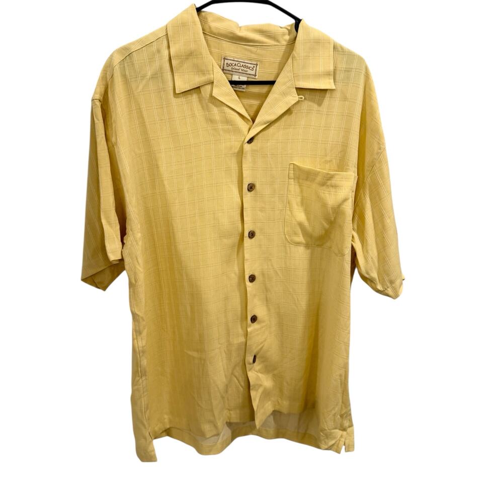 Vtg Y2K L Boca Classics Island Wear 100% Silk Yellow Textured Camp Button Shirt